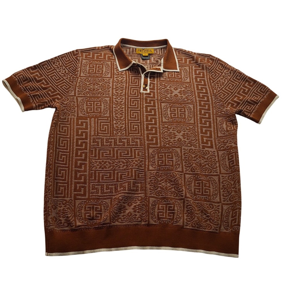Prestige Original Men's XL Rust Brown Greek Key Knit Polo Shirt Short sleeve